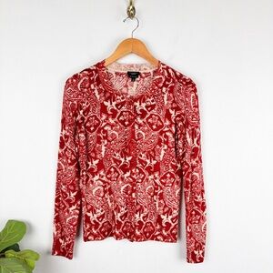 Talbots Red Paisley Pure Italian Merino Wool Cardigan Sz S